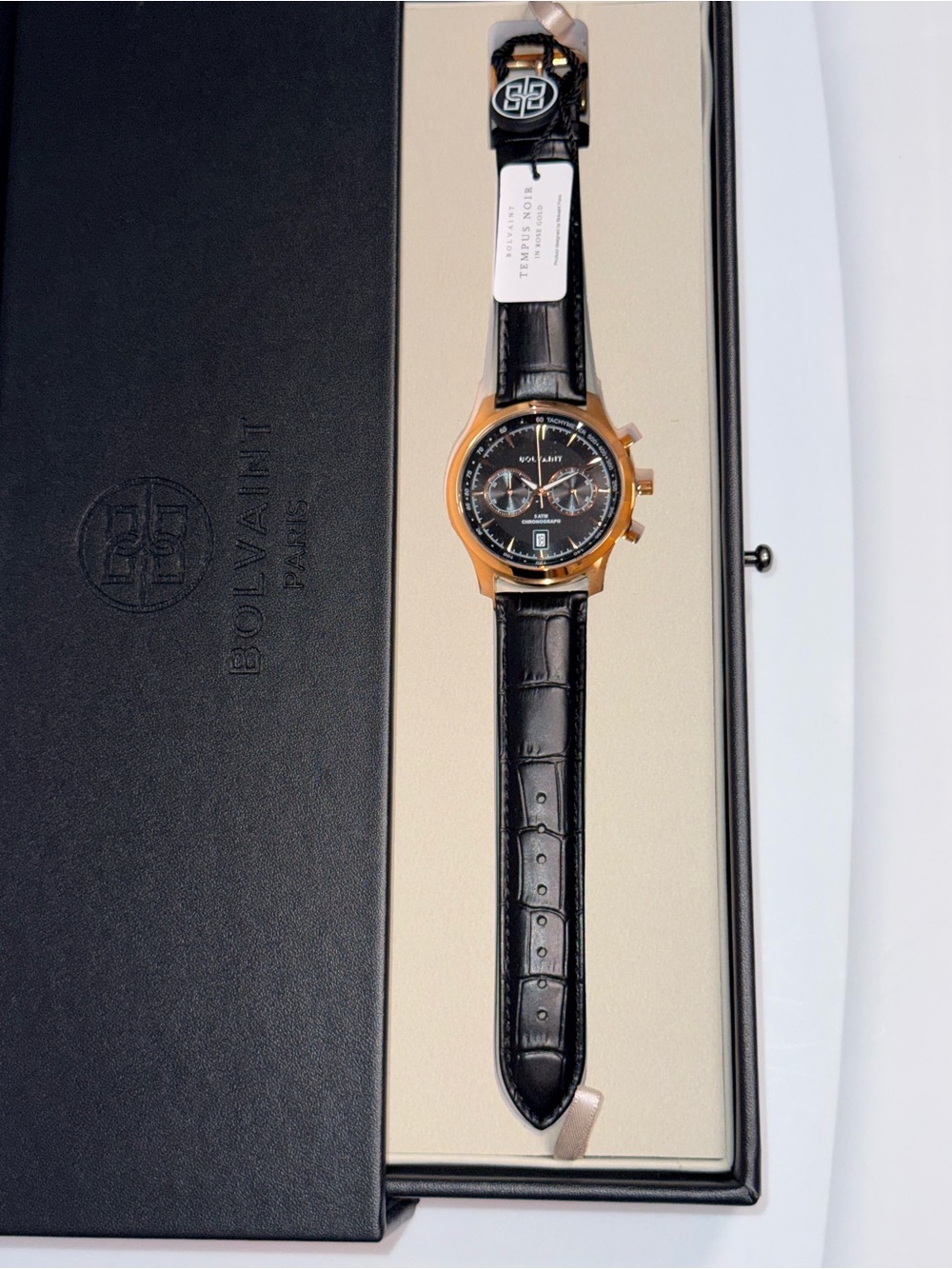 Bolvaint Men’s Black Leather Strap Chronograph Watch with Gold Case
